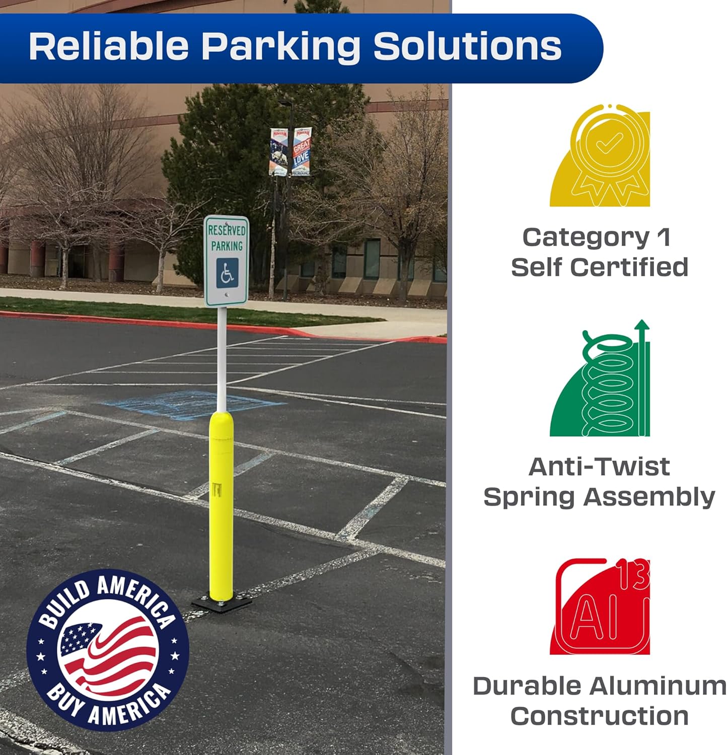 Impact Recovery - Sta-Rite Flexible Sign Post - Sign Holder - Handicap Parking Signs - Made in the USA - 102” with Yellow Bollard - Reserved Parking Signage