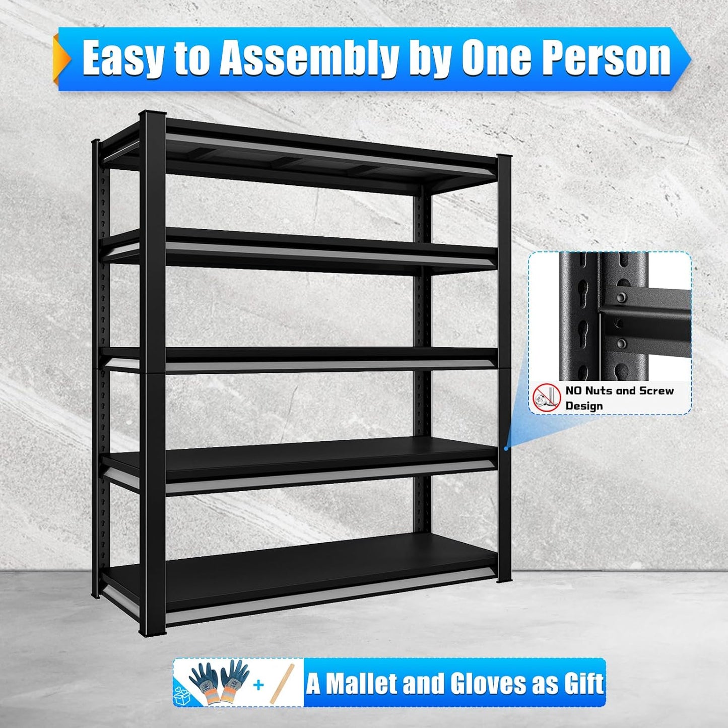 48" W Garage Shelving Heavy Duty，3000LBS Loads Adjustable Garage Storage Shelves,5-Tier Metal Storage Racks and Shelving Units, Utility Rack Shelves,48”W x 24”D x 78”H,Black