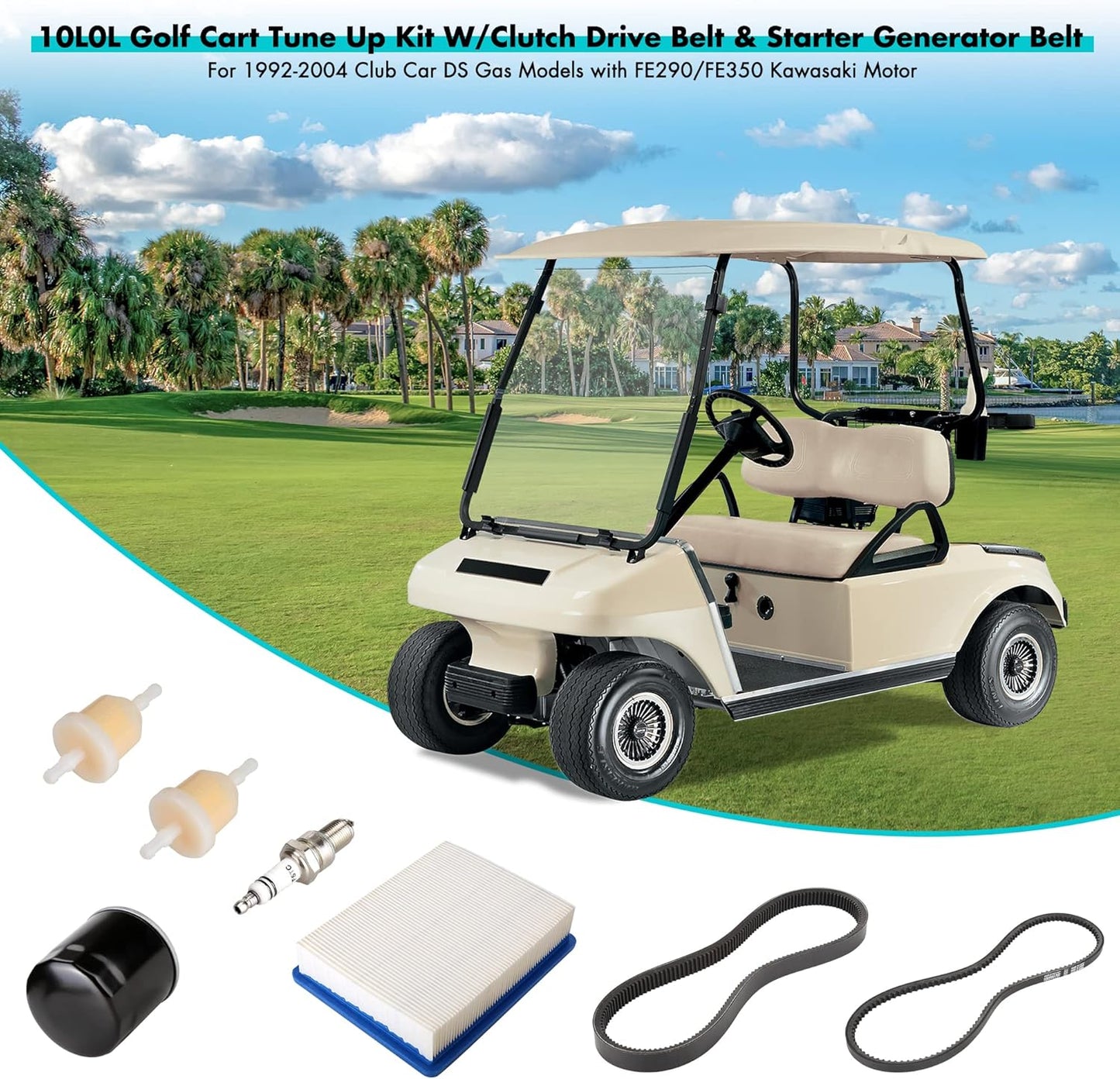 10L0L Golf Cart DS Tune Up Kit W/Clutch Drive Belt &Generator Belt fit 1992-2004 Club Car DS Gas Models with FE290,FE350 Kawasaki Motor, Incl. Air & Oil Fuel Filters Spark Plug,OEM 1025582, 101916701