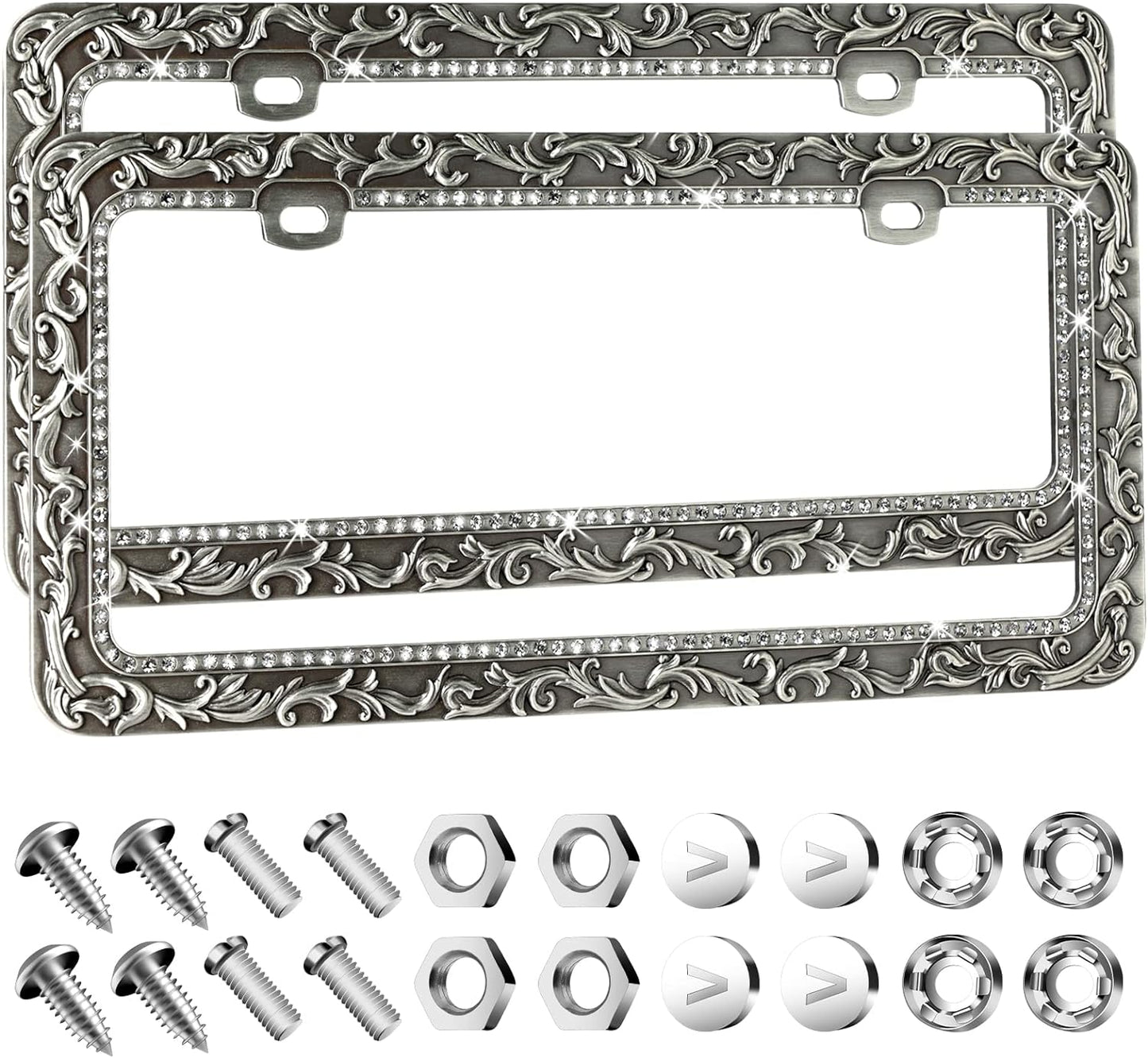 Valor Gel Metal Car License Plate Frames,Antique Old Pattern Printing, Bling Crystal Rhinestones Inlaid,Universal 2 Holes Automotive Replacement Parts Plate Holder(1 Pack)