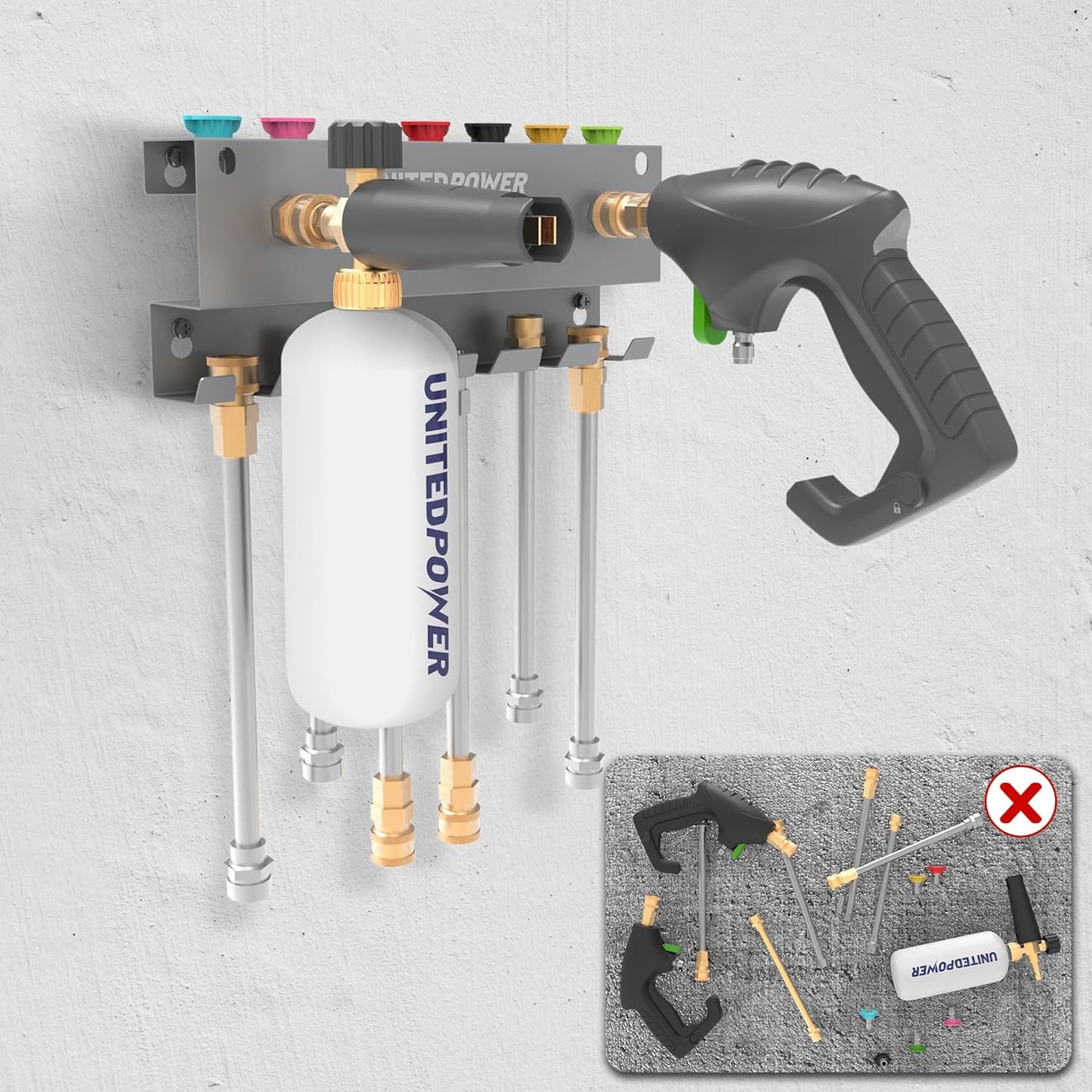 UNITEDPOWER Pressure Washer Gun Holder，Wall Mount Foam Cannon Holder，Tool Storage Rack for Pressure Washer Wand/Nozzle Tips, Car Wash Accessories Organizer, Silver