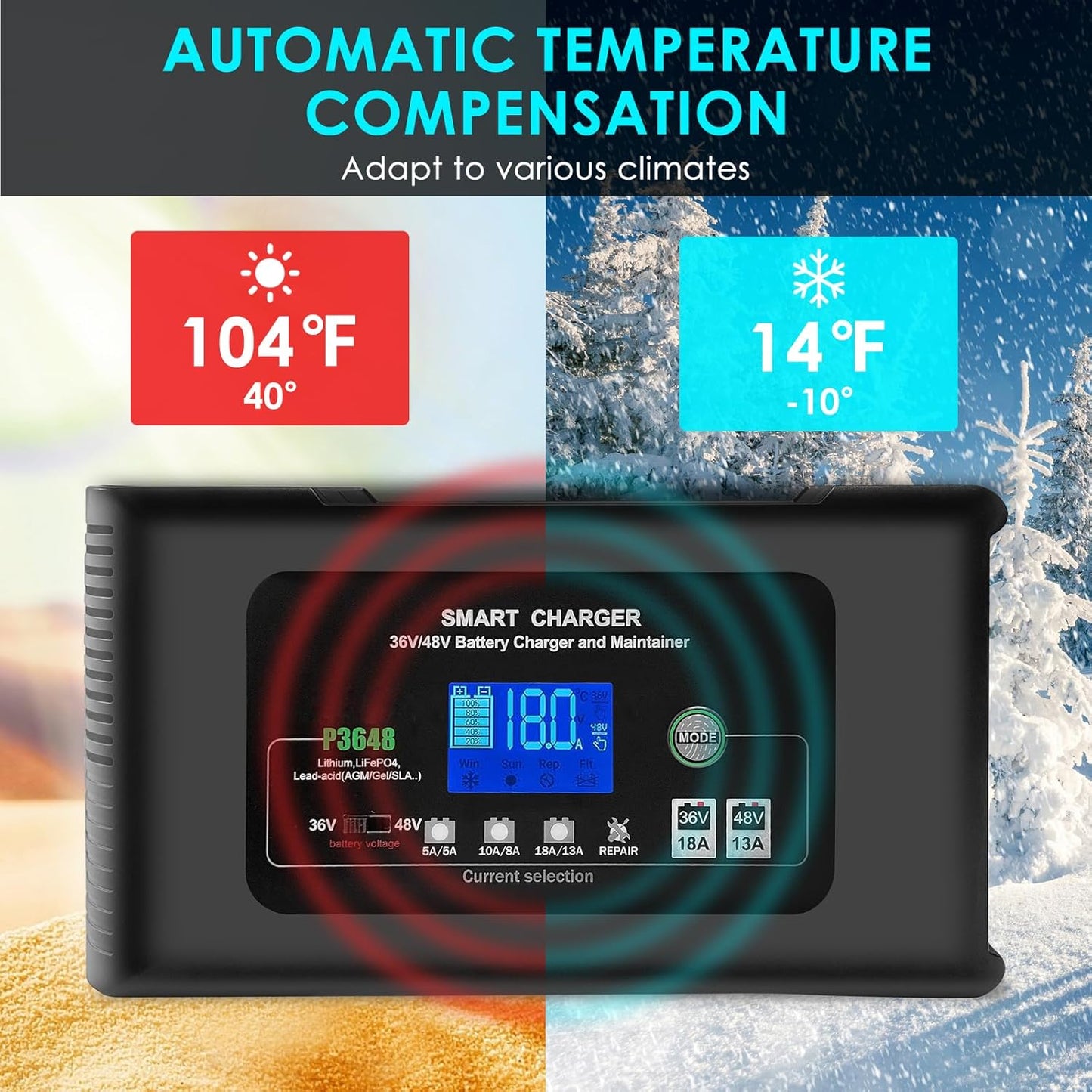 36V/48V Golf Cart Charger, 18Amp Smart Charger, Trickle Battery Charger Maintainer, D-Plug, Lithium, LiFePO4, Lead-Acid AGM/Gel/SLA, EZGO TXT, Car, Boat