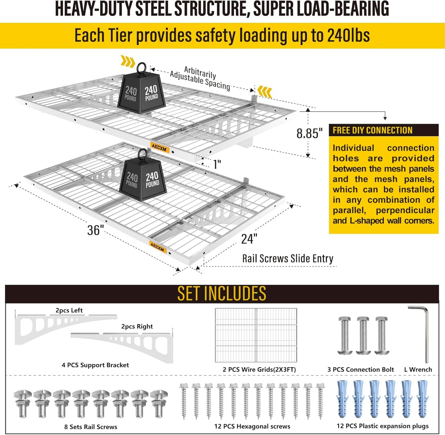 2x3ft 2Pack Wire Shelving Unit Heavy Duty Garage Storage Shelves Wall Mounted White 560lbs Load Capacity（24-inch-by-36-inch）