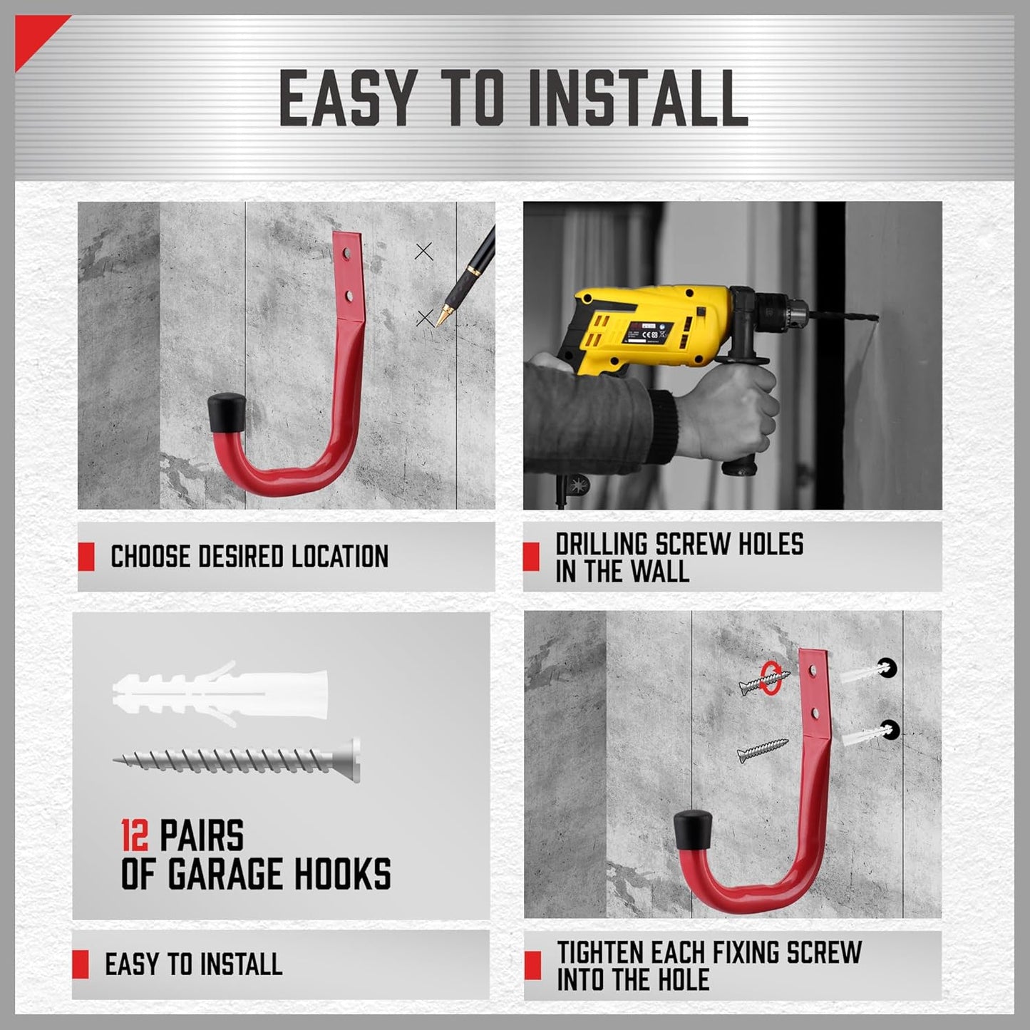 HORUSDY 6 Pack Garage Hooks, Utility Hooks, Garage Hook Heavy Duty Wall Hook (Red)