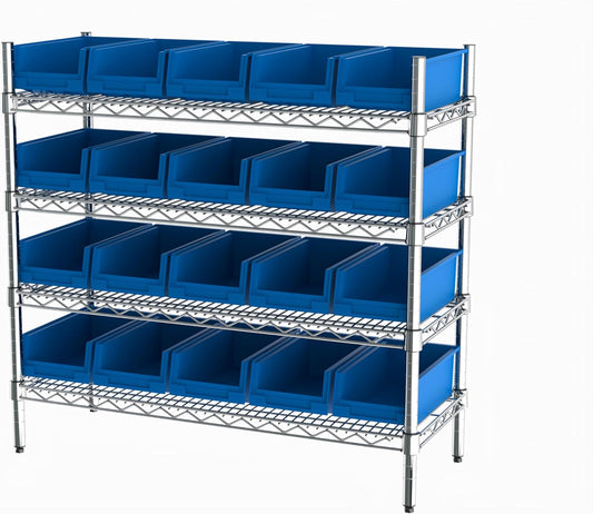 Hudson Exchange 36x14x33, 4-Tier (20 Bins Included), Industrial Wire Shelving Unit with Storage Shelf Bins, Chrome Rack (Blue)