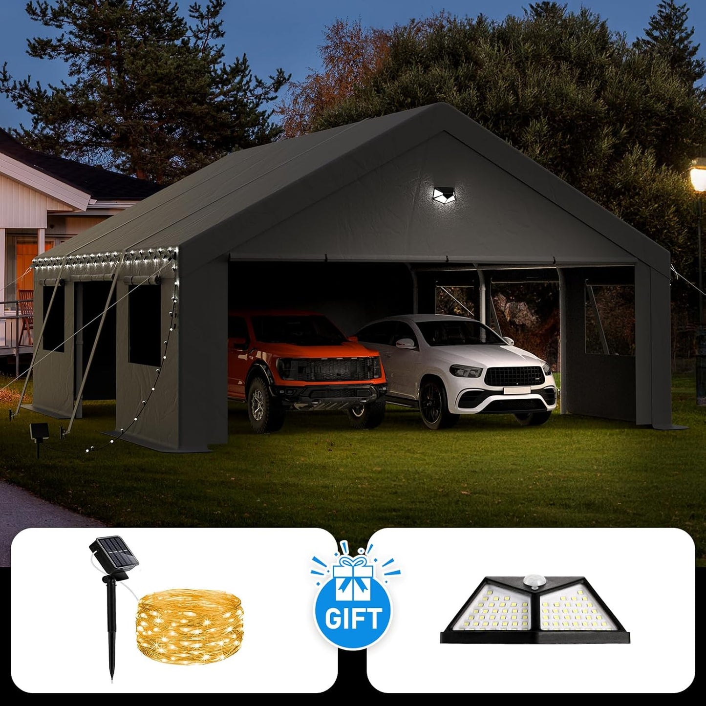 20x20 Carport, Heavy Duty Carport Canopy Garage with Removable Sidewalls and Drive Through Roll Up Zipper Doors & Side Doors, Grey