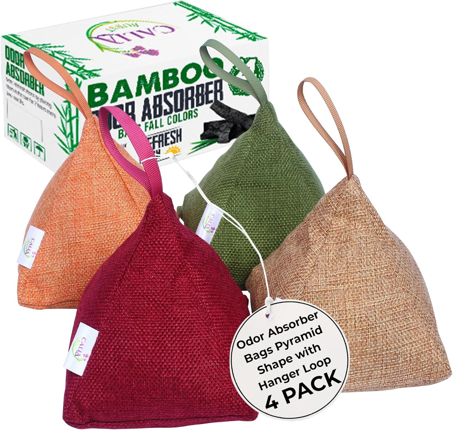 4 Pack Bamboo Charcoal Air Purifier Bags 200 Grams Each - Odor Absorber & Eliminator for Home, Car, Pets, Activated Charcoal Natural Freshener, Eco-Friendly & Reusable (Fall Colors)