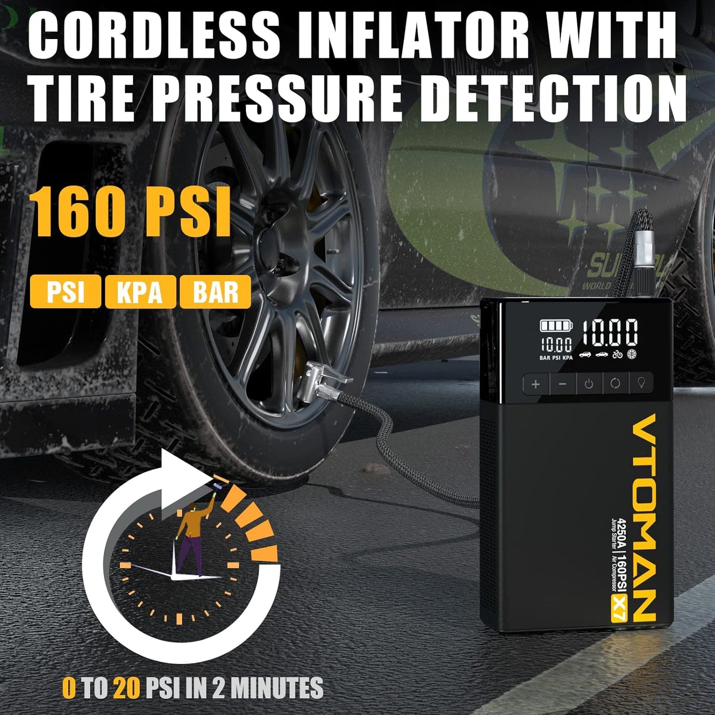 VTOMAN X7 Jump Starter with Air Compressor, 4250A Portable Car Jumper with 160PSI Digital Tire Inflator,12V Lithium Battery Charger Booster Box with Type-C Quick Charge (Up 10L Gas/10L Diesel Engine)