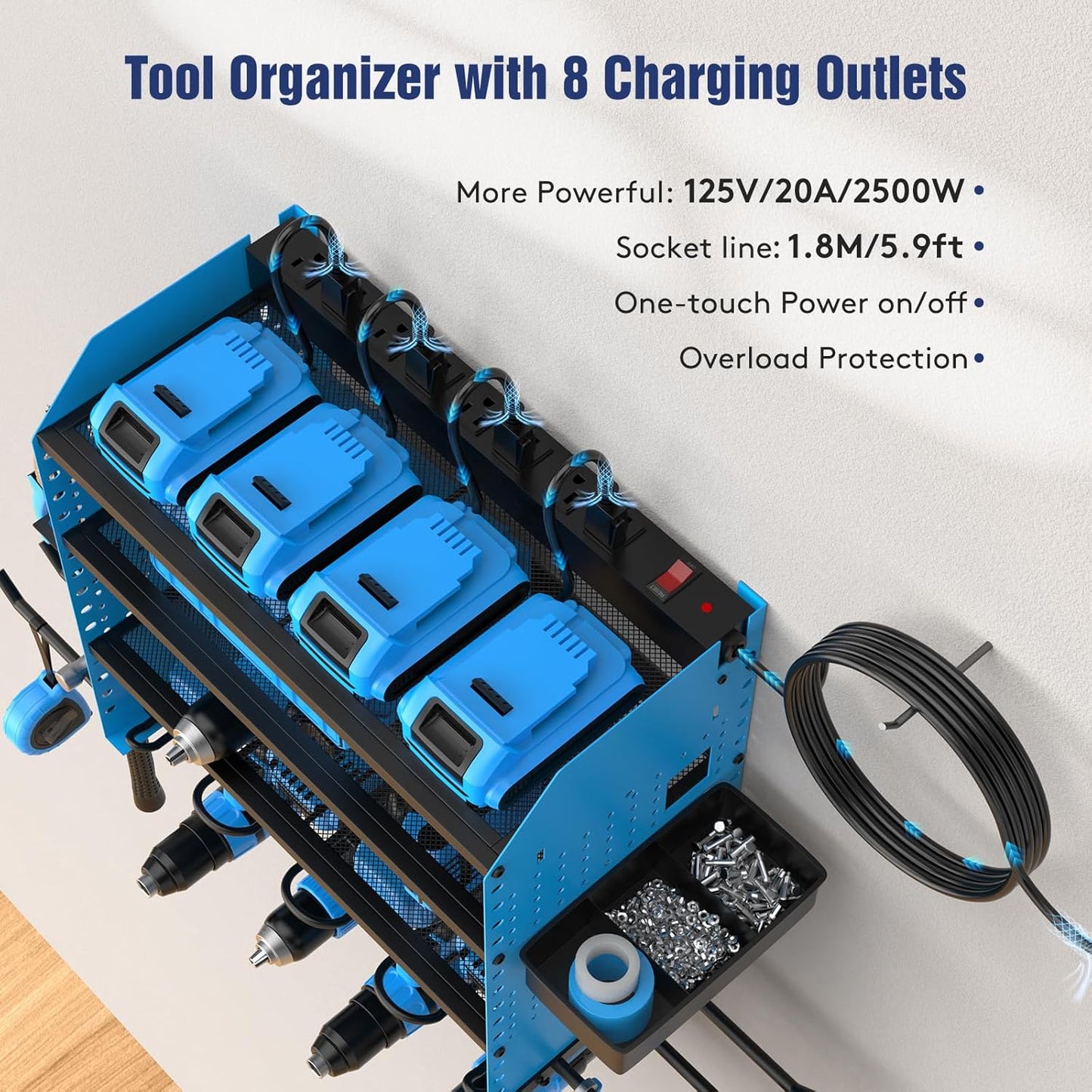 Heavy Duty Power Tool Organizer Wall Mount with Charging Station, 4 Layer Garage Storage Adjustable Shelves Height, Holds 4 Drills, 2 Hooks, Screw & Screwdriver box, Gifts for Fathers Day, Anniversary