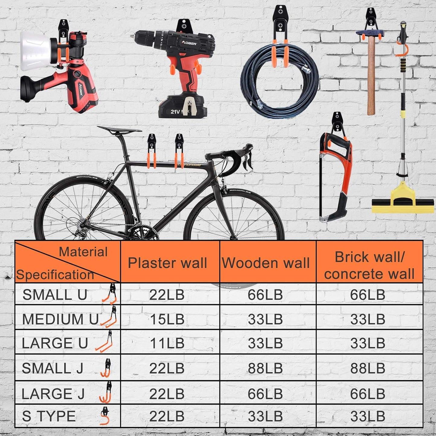 AOBEN Garage Hooks Heavy Duty, Steel Garage Storage Hooks, Utility Tool Hangers and Combinable Wall Mount for Organizing Ladders, Bikes, Hoses, and More Equipment (Large J, 6 Pack)