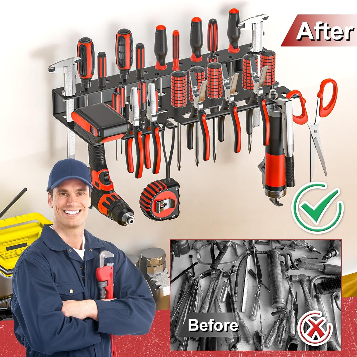 2Pcs Metal Screwdriver Organizer, Wall Mount Plier Organizer Hammer Holder, Hand Tool Storage Rack for Garage Workshop Workbench (Black, 2PCS)