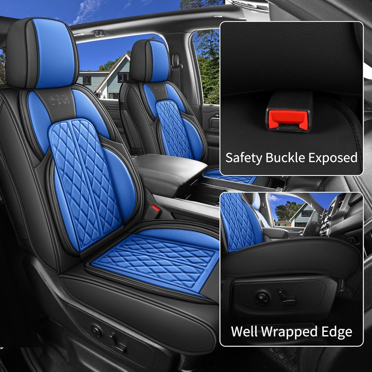 Car Seat Cover Custom Fit for Dodge Ram 1500 2500 3500 2009-2024 Faux Leather Seat Cover Set Compatible with Crew Quad Regular Cab Pickup Truck Cushions (Black & Blue, Full Set, Flat Rear)