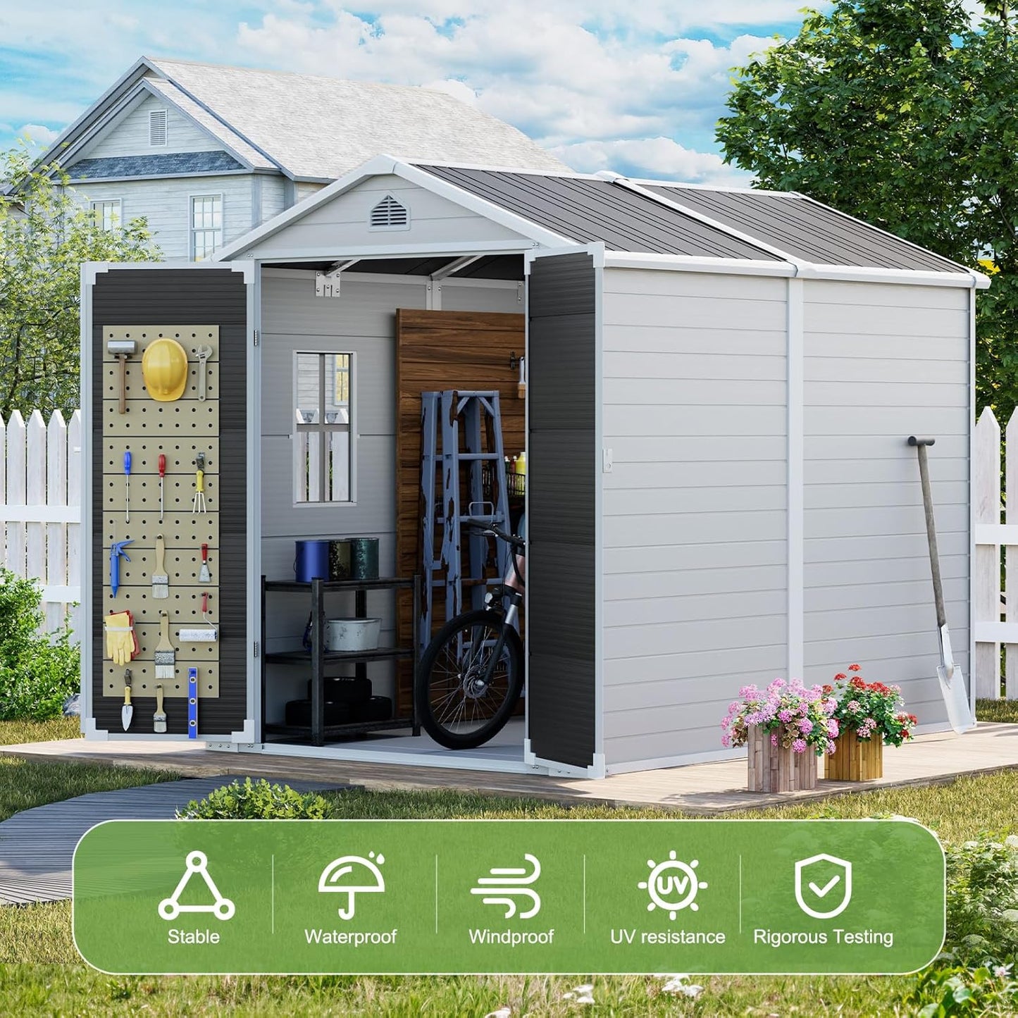 8x6 FT Outdoor Storage Shed, Waterproof Resin Shed with Floor Included & Lockable Door & Window & Vents, Outside Plastic Sheds for Backyard, Patio, Poolside, Lawn, Dove Grey