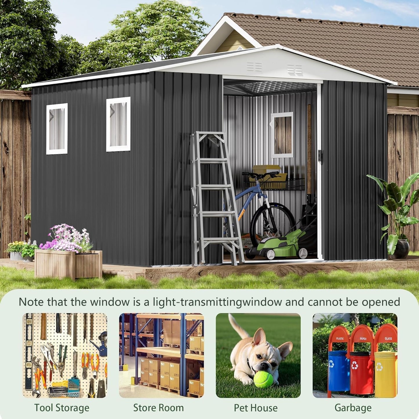 12x10 FT Outdoor Storage Shed with 4 Windows, Durable Metal Garden Sheds w/Updated Frame and Lockable Sliding Doors, Waterproof All-Weather Shelter Tool House for Backyard, Patio, Lawn, Grey