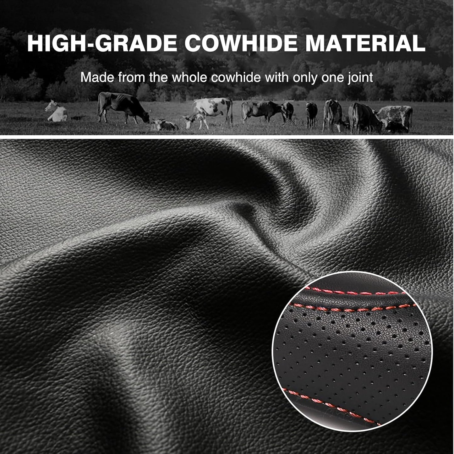 High-Grade Real Cowhide Steering Wheel Cover for Men Women，Black Genuine Leather Steering Wheel Cover for Cars,Universal 14.5-15 inch Steering Wheels