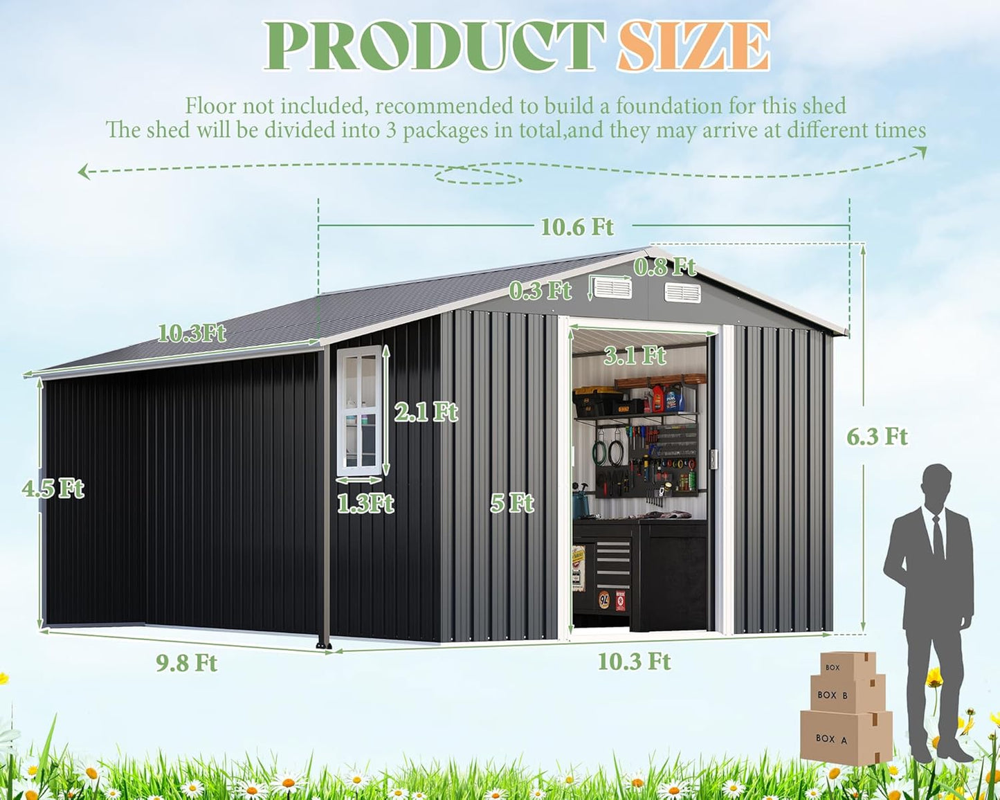 AMERLIFE 10.6x10.3x6.3 FT Galvanized Metal Storage Shed with Open Firewood Bay, Sliding Doors & Ramp, 2 Windows & Vents, Weather-Resistant Outdoor Tool/Garden Shed, Dark Grey/White