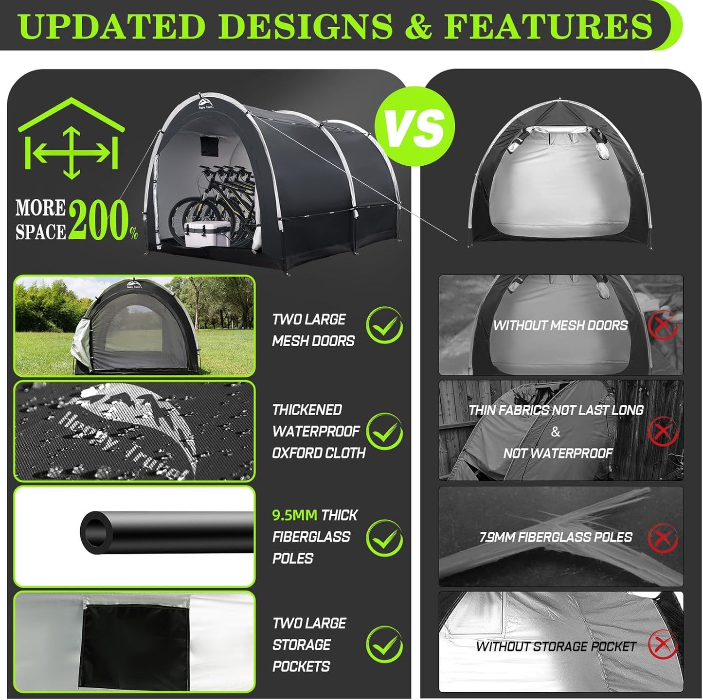 Happy Travel Bike Storage Tent Shed, Outdoor Waterproof Bicycle Covers Shelter with Window for 2/3/4/6/8 Bikes,Oversized Outside Portable Sheds for Lawn Mower,Garden Tools