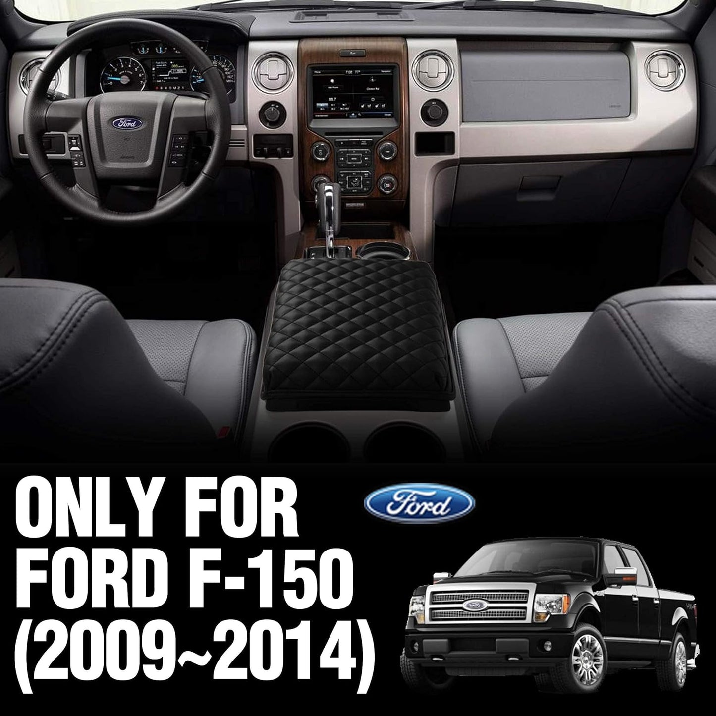 KMMOTORS F150 Center Console Cover, Armrest Cushion, Interior Accessories for F150 Car Gadget, Vegan Leather, Armrest Protector (2009~2014, Black)