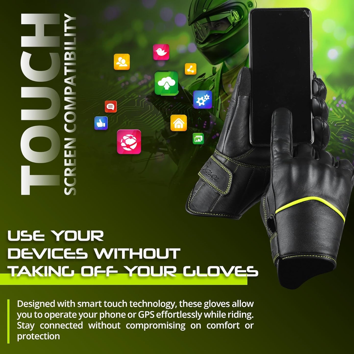 aasportx Motorcycle Gloves - Men's Leather Motorbike Gloves with Touchscreen Function - Non-Slip Pads for Men & Women