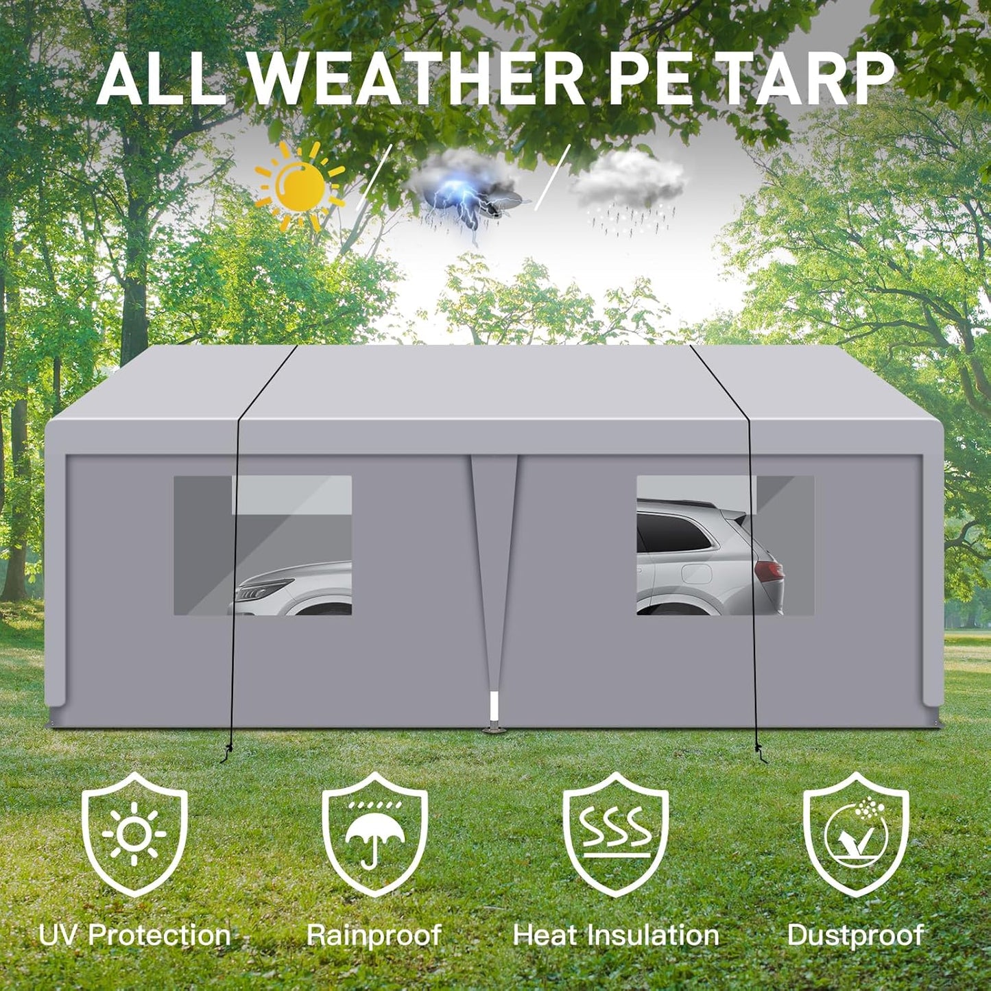 Car Canopy Portable Garage Duty Carport with Roll-up Windows,Portable Garage with Removable Sidewalls & Doors, Car Canopy with All-Season Tarp for Car Boat Truck Motorcycle 10FT×20FT (Grey)