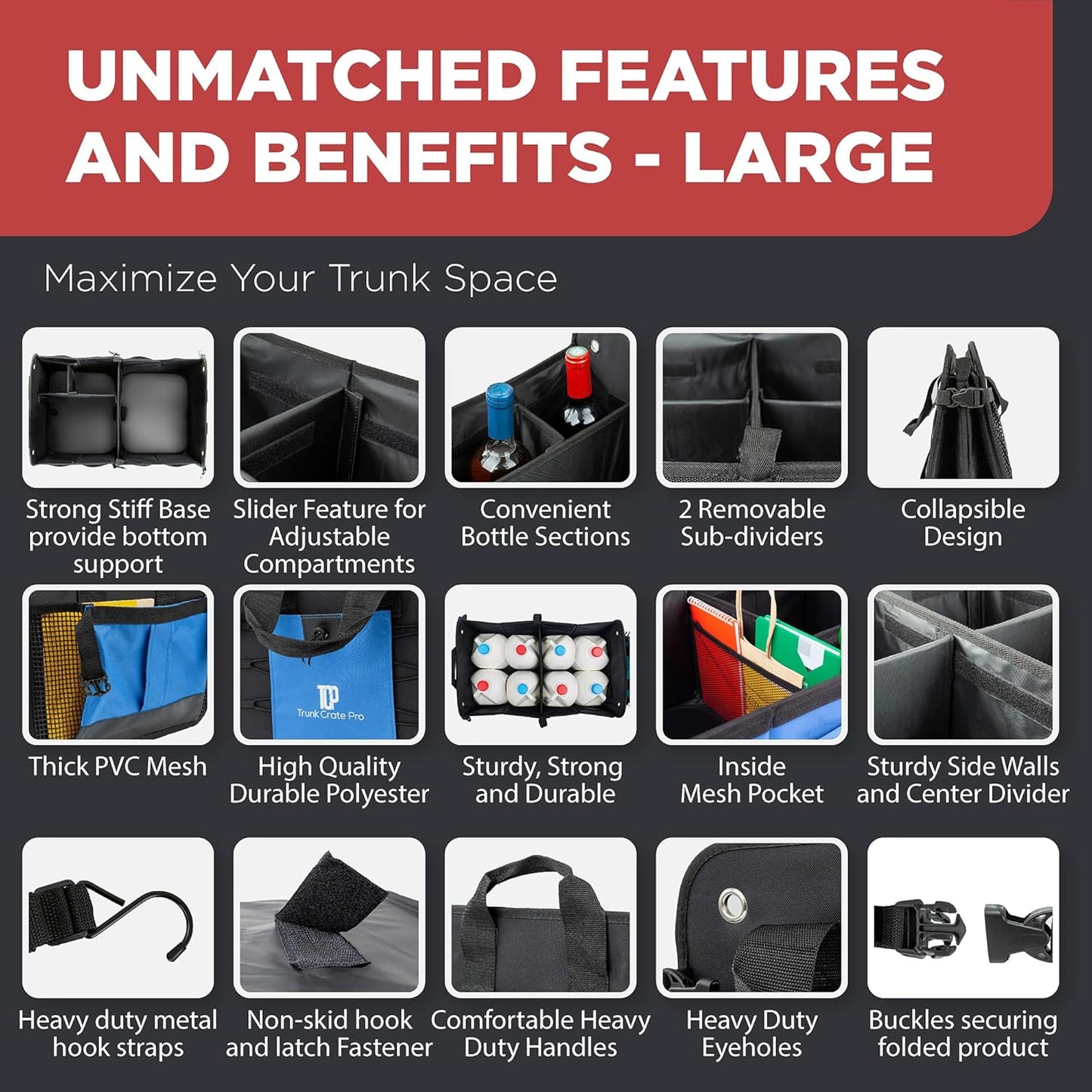 TRUNKCRATEPRO Car Trunk Organizers | Trunk Organizer, Car Storage Organizer - Premium Compartments Collapsible Portable car trunk organizers and storage for SUV (Large Capacity)