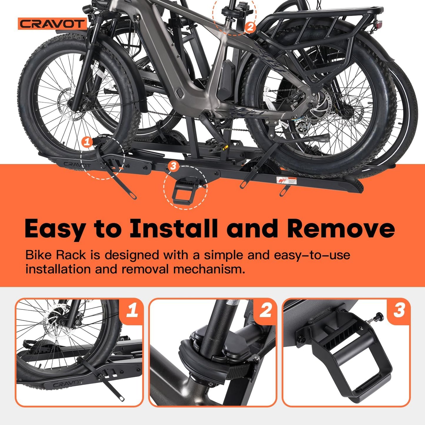 CyberRack E2 Plus EBike Rack with Ramp, 3Positions Foldable, 200 lbs Capacity Heavy Bike Rack Carrier for 2 E-Bike, Foldable Bike Racks for Tow Hitch Up to 5-in Fat Tire 2'' Receiver