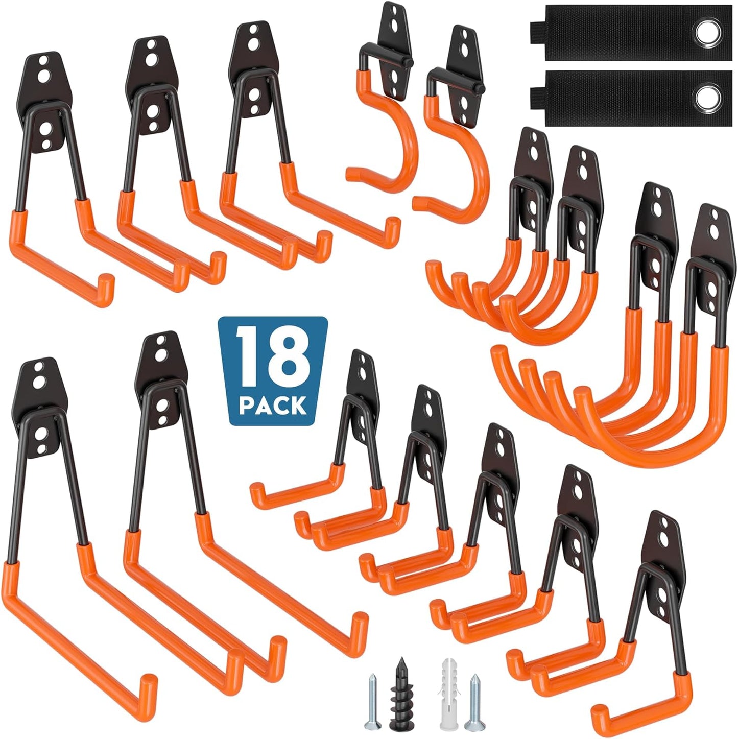 BONTEC Heavy Duty Garage Hooks, Anti-Slip Coated Black Steel with Strong Load Capacity, Multi-Sized U and J Hooks, Easy Wall Mount for Garage, Garden, Workshop (Orange, 18 Pack)