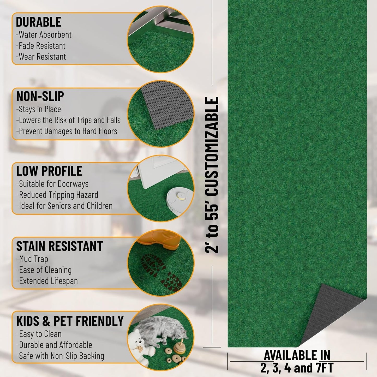 Ottomanson 2' x 12' Hallway Runner with Scraper Pile Extra Durable Non-Slip Rug Mat for Indoor & Outdoor Use - Ideal for Kitchen, Entryway, Patio & Garage - High-Traffic Carpet, Green