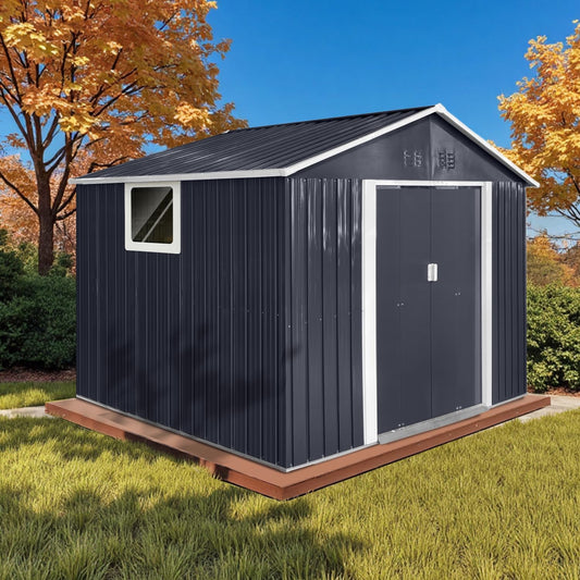9.1' x 8.5' Outdoor Storage Shed, Sturdy Metal Building w/Windows & Lockable Doors for Garden, Backyard, Poolside and Lawn, Anthracite