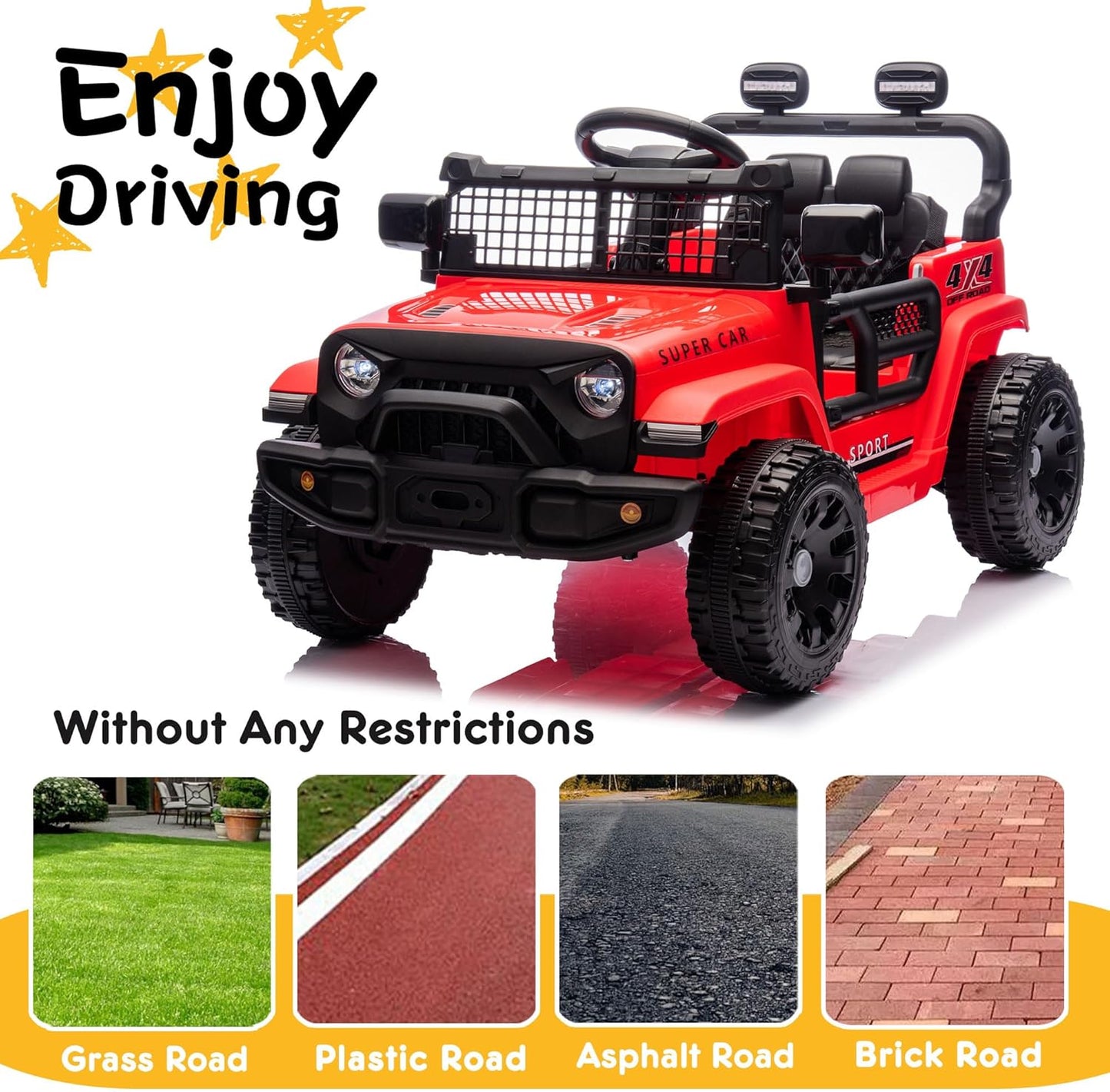 24V Ride on Toys with Parents Control, Ride on TruckCar with Four-Wheel Suspension, Electric Vehicles for Kids, PowerDisplay, Bluetooth, MP3, Music, LED Headlight, 1.86-3.11MPH (Red)