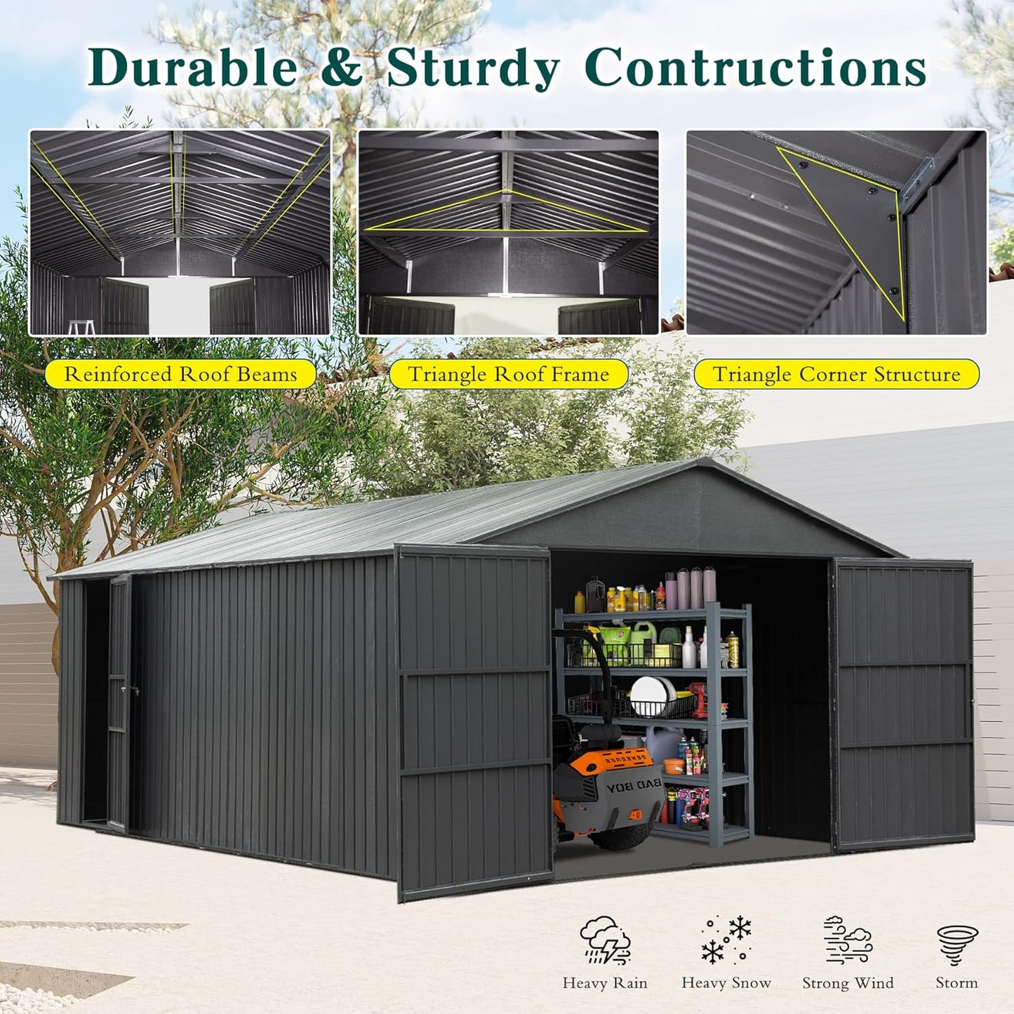 Domi 12x15FT Outdoor Metal Garage Shed, Extra Large Carport with Skylights & Dual-Entry, Backyard Storage Shed for Car, Truck, Lawn Mower and Tool, Dark Grey