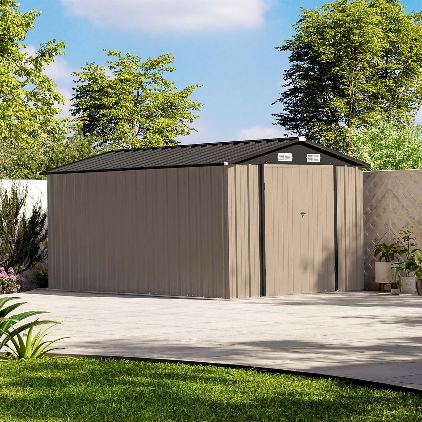 Patiowell 12 x 8 FT Outdoor Storage Shed, Steel Shed Storage House with Design of Lockable Doors, Utility and Tool Storage for Garden, Patio, Backyard, Outside use, Brown