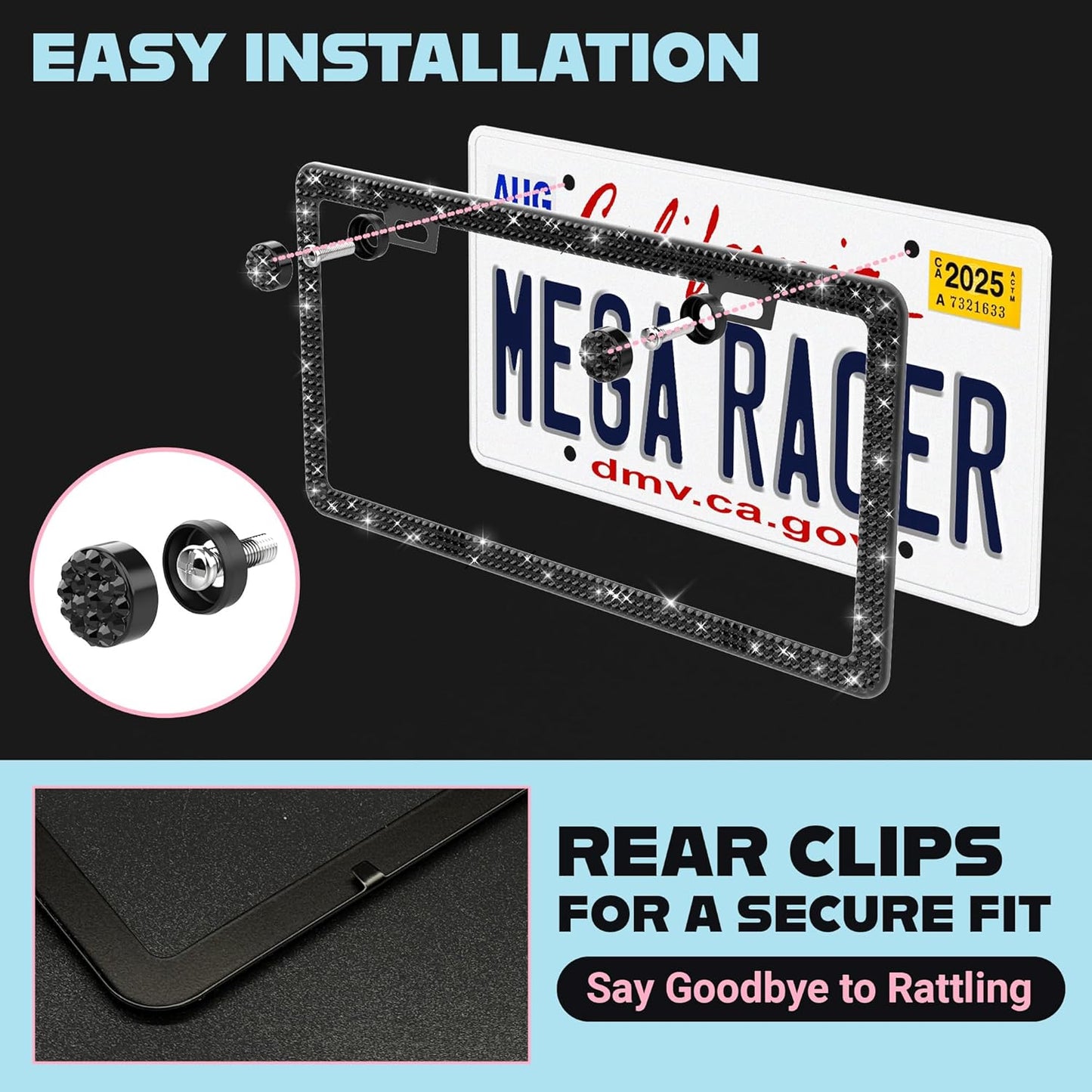 Elegant Bling License Plate Frame for Women - 1 Pack, 800 Premium Black Rhinestones, Rust-Free Stainless Steel, Street Legal Slim Design, Sparkly Diamond Car Tag Holder with Glitter Crystal Covers