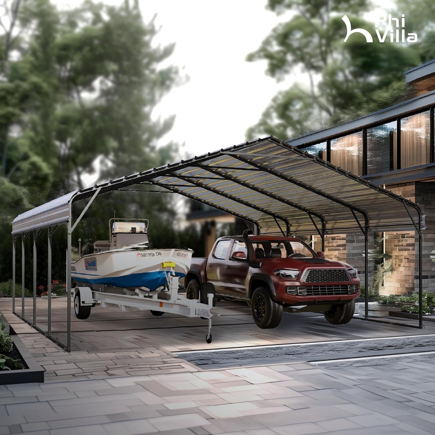 PHI VILLA 2 car Metal Carports 20 x 20 ft Carport with Galvanized Steel Roof, Sturdy Heavy Duty Metal Carport for Cars, Boats, and Tractors