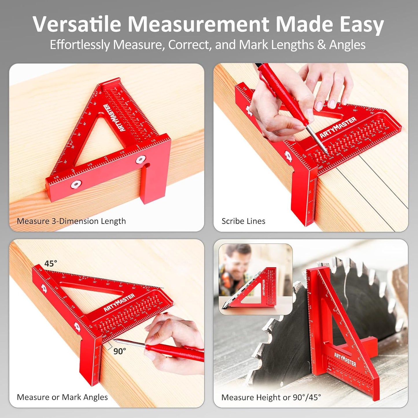 3.8＂Mini 3D Multi-Angle Measuring Square Ruler, WT102A High Precision Hole Scribing Woodworking Tools, 0-90° Aluminum Alloy Carpenter Square Wood Working Tools, Carpenter Pencils 6 Refills.