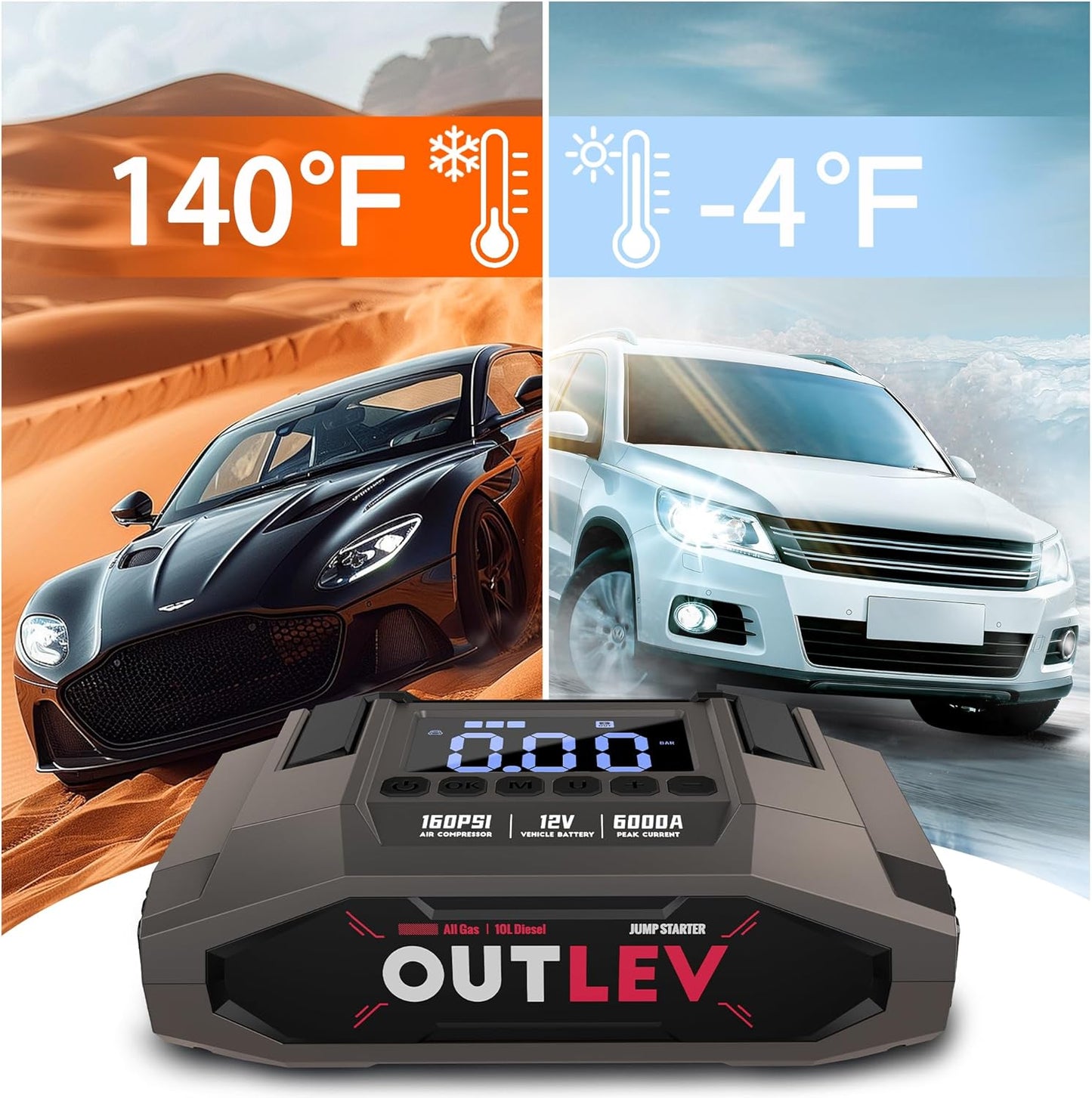 Jump Starter with Air Compressor (6000A 160PSI) - All-in-One Portable Jump Starter for Cars, Trucks, RV, Boat - Fast Charging, Safety Protection, Essential for Road Trips & Emergencies