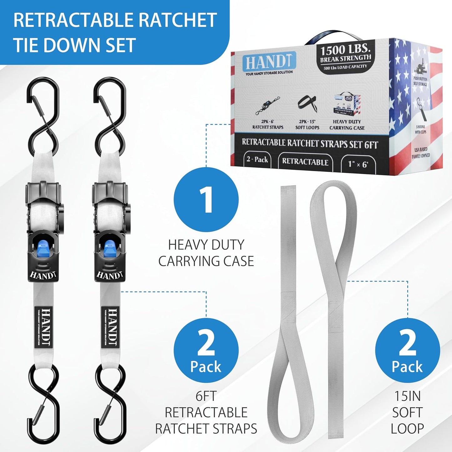 HandT USA Based Retractable Ratchet Straps (2PK) 1in x 6ft - 1,500lb Break Strength, Heavy Duty Automatic Ratchet Straps Self Retractable Tie Down, Push Button Retracting Truck Trailer Cargo | Gray