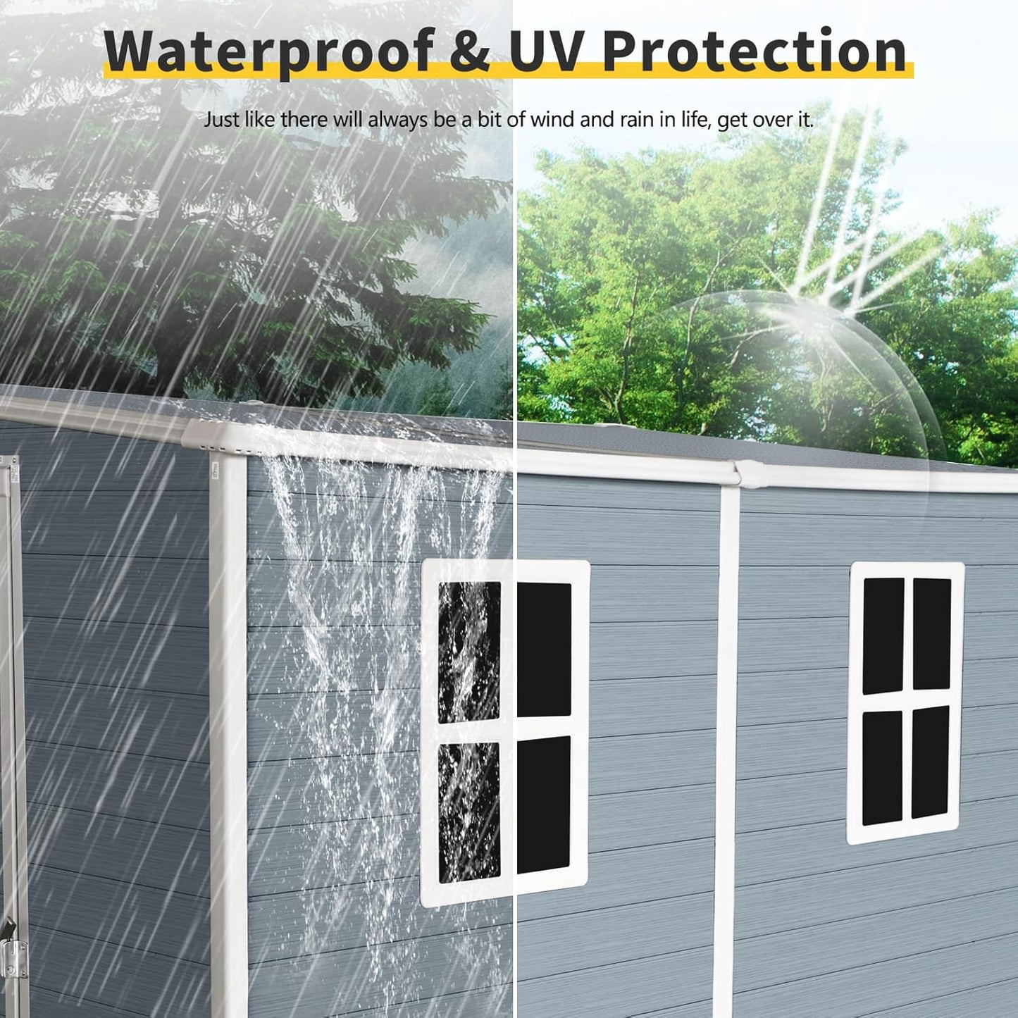 4x8 FT Outdoor Storage Resin Shed with Floor,Waterproof Plastic Garden Bike Shed with Lockable Door, Sloped Roof, Vents & Windows, Easy Assembly Tool Shed for Lawn, Backyard, Patio, Grey