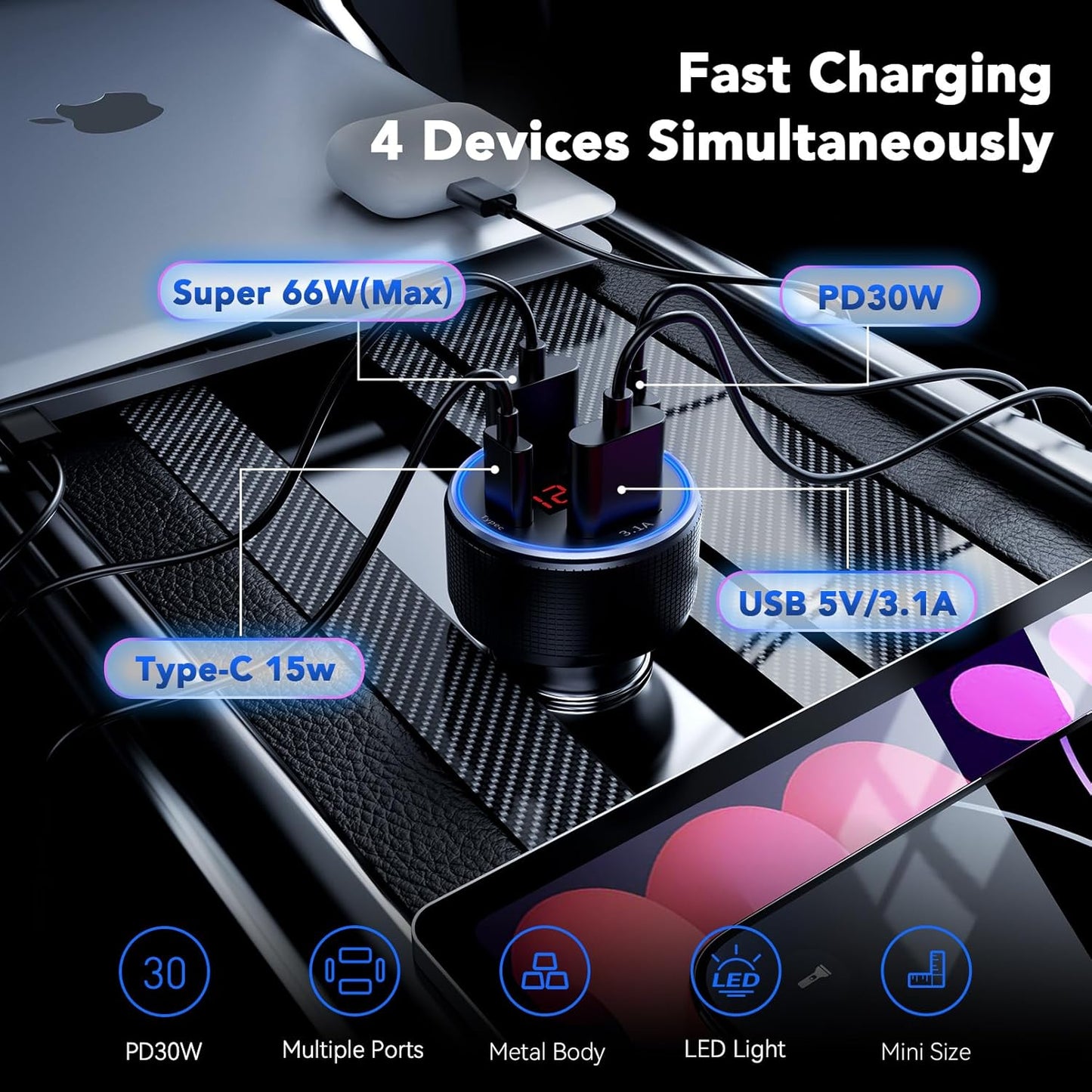 USB C Car Charger, 4 Port 78W Dual USB Car Charger Adapter Fast Charging Multi Port Cigarette Lighter Adapter with Voltmeter Type C Phone Car Accessories for iPhone 16/15/14/13, Samsung Galaxy, iPad