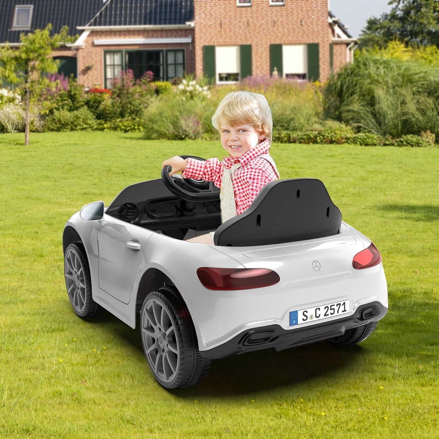 12V Kids Ride On Car with 2.4G Remote Control,Battery Powered Electric Car Ride On Vehicle Double Doors, 5 Point Safety Belt,LED Light (SC-White)