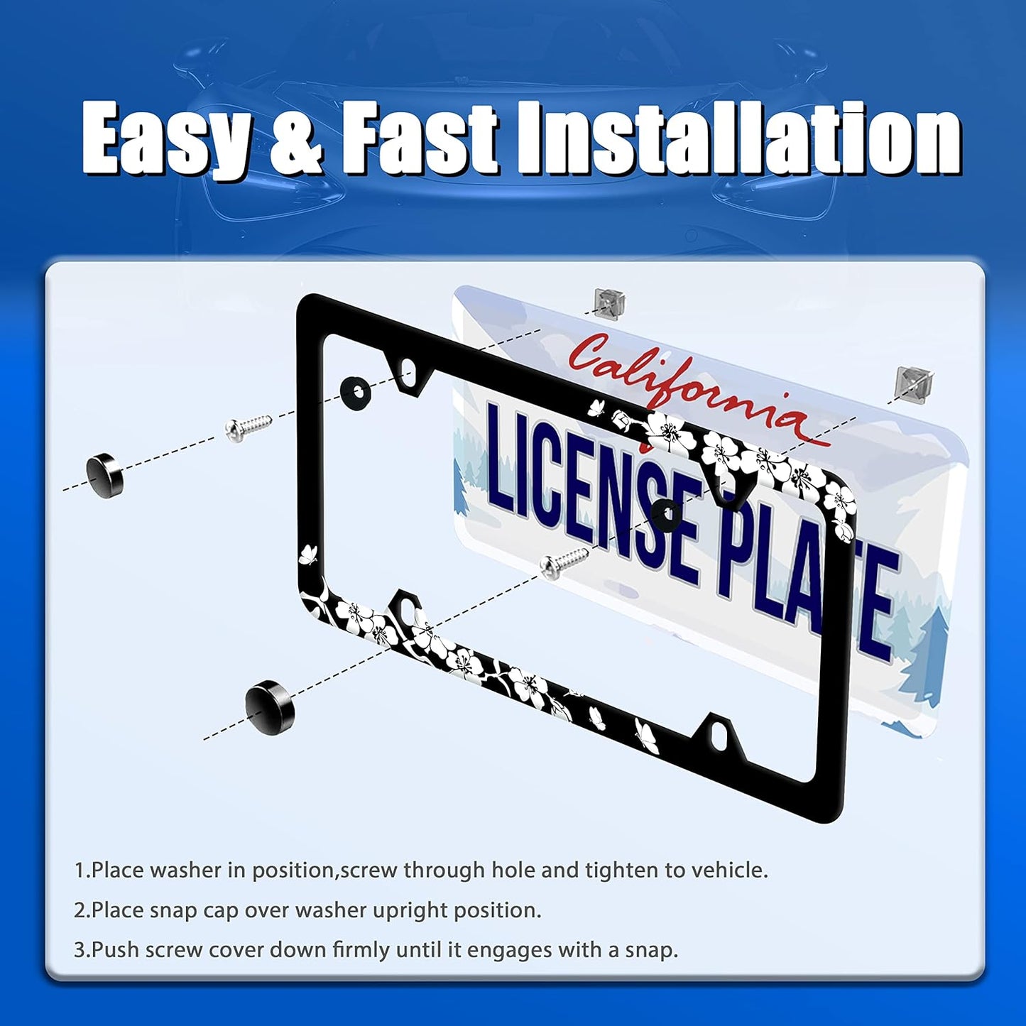 【2Pcs】 Black White Cherry Blossoms License Plate Frame Floral Flowers License Plate Stainless Steel Parts Colorful License Plate Decorative with Screws Size 12.3" x 6.3" Men Women