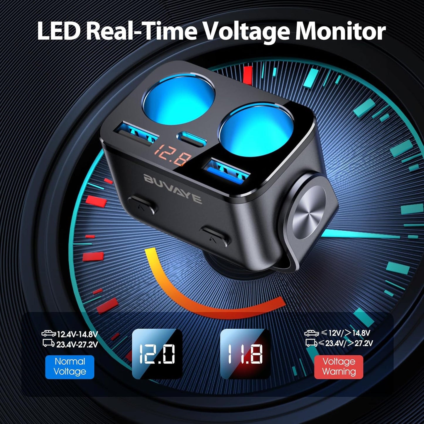 Car Cigarette Lighter Splitter, BUVAYE 12V/24V Dual Cigarette Lighter Adapters for Cars 2-Socket Car Charger Adapter for iPhone/iPad/GPS/Dash Cam/Laptop