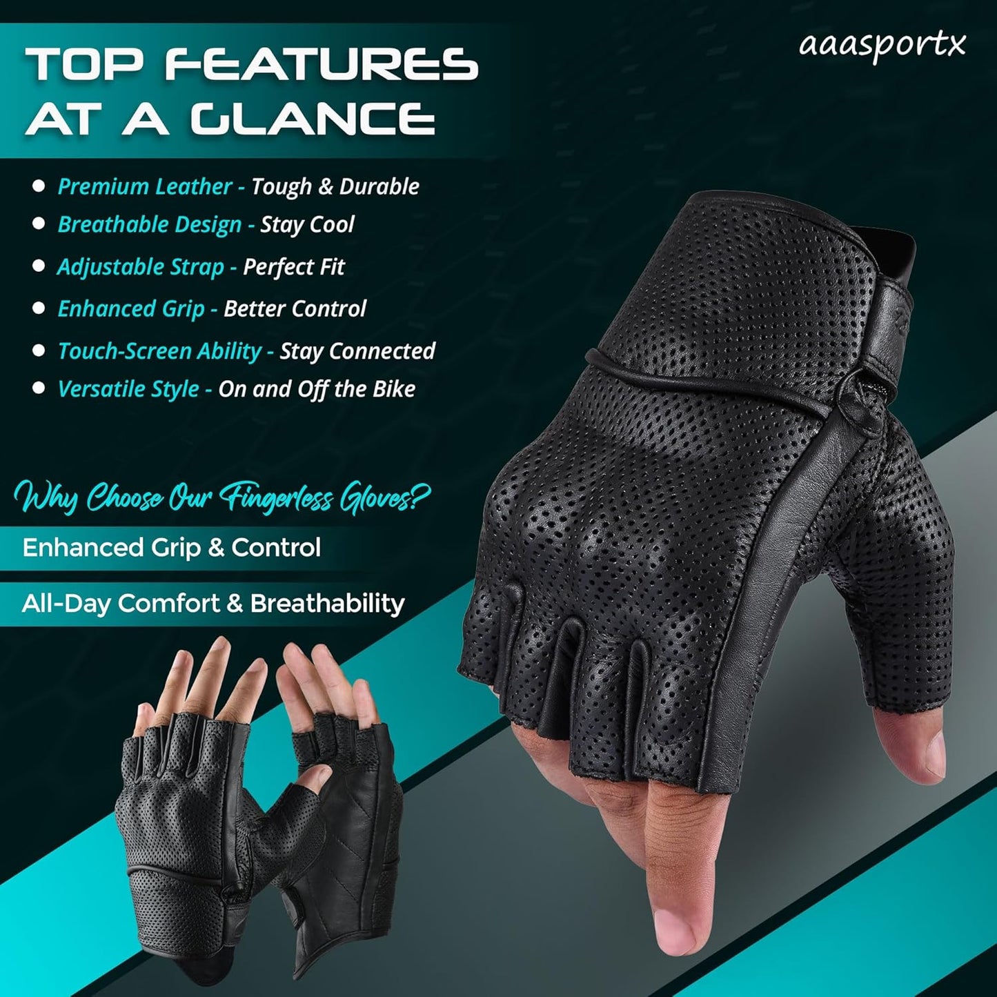 aasportx Motorcycle Gloves - Men's Leather Motorbike Gloves with Touchscreen Function - Non-Slip Pads for Men & Women