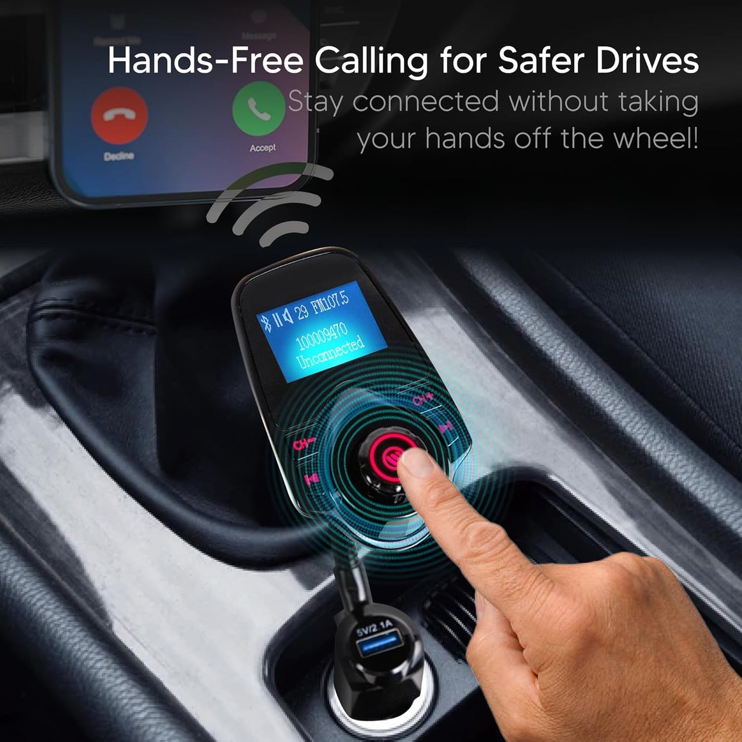 ONN Upgraded 2025 Car Bluetooth FM Transmitter – 1.44" Display, Flexible Gooseneck, Hands-Free Calls, Wireless Music Player, Radio Adapter, USB Charger, Micro SD Card & AUX Support