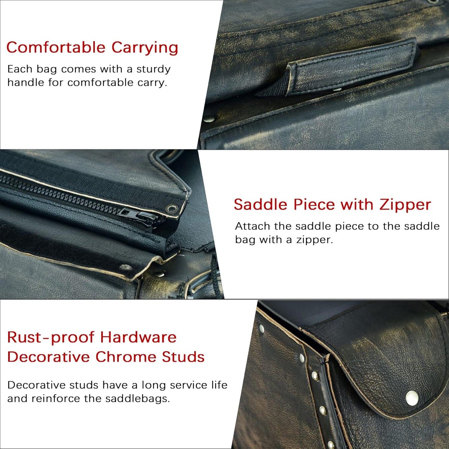 Dream Apparel Naked Cowhide Leather Motorcycle Saddle Bags Studded Throw Over Saddlebags, Motorcycle Side Bags for Honda Shadow Sportster Softail Dyna V-star (Distressed Brown, With Studs)