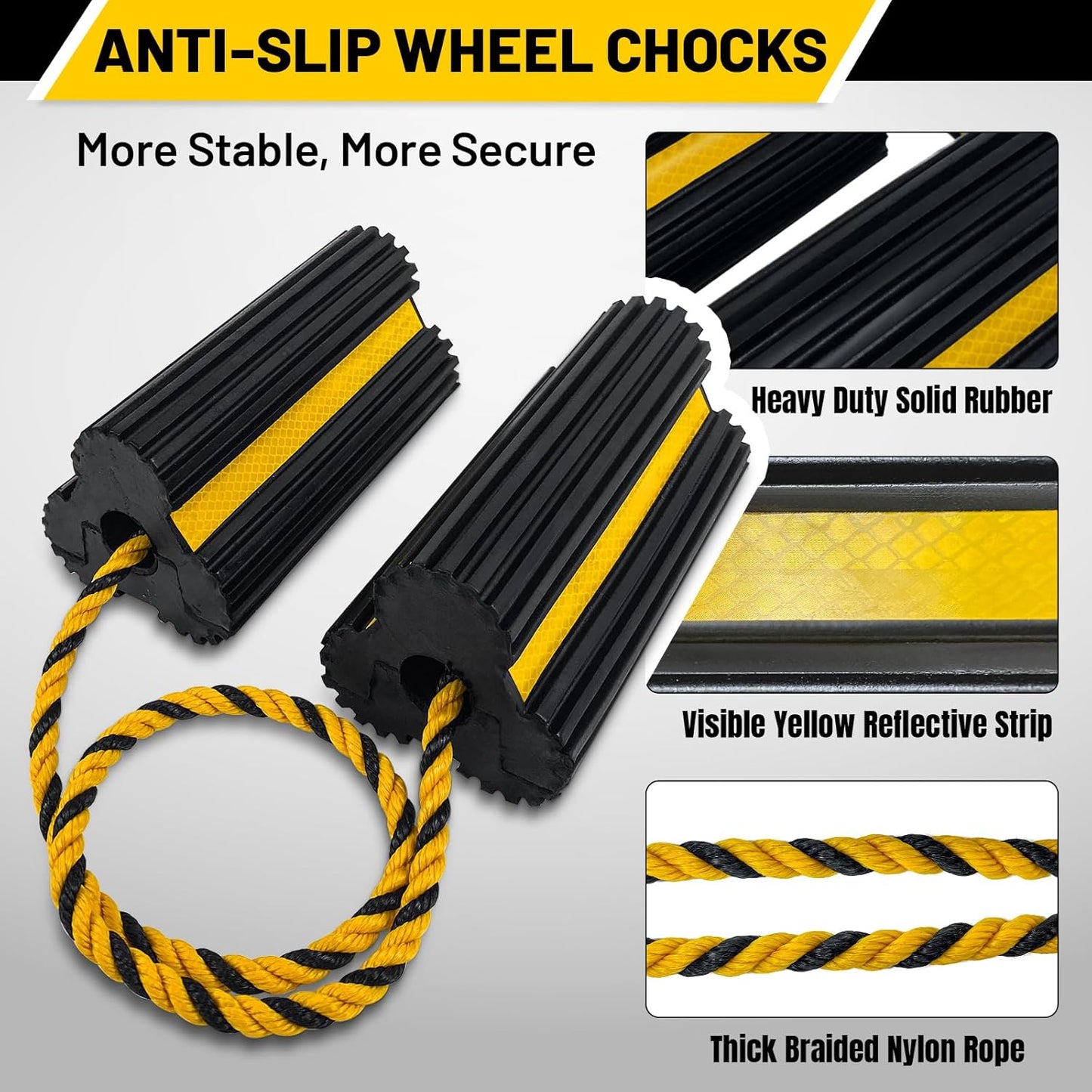ROBLOCK 2 Pairs Wheel Chocks Heavy-Duty Rubber Wheel Block Non-Slip Base with Nylon Rope Yellow Reflective Tape - 4 Pack Wheel Stopper for Travel Trailers, Car, Camper, Truck, Black