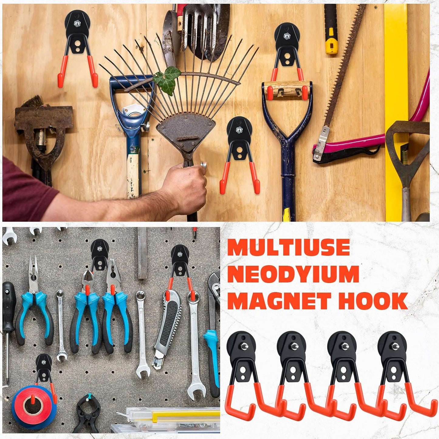 Landhoow Large Magnetic Hooks Heavy Duty Garage Magnet Hooks Strong Storage Utility Magnetic Hangers with Anti Slip Rubber Coating for Indoor and Outdoor Hanging(Orange,4 Pcs)