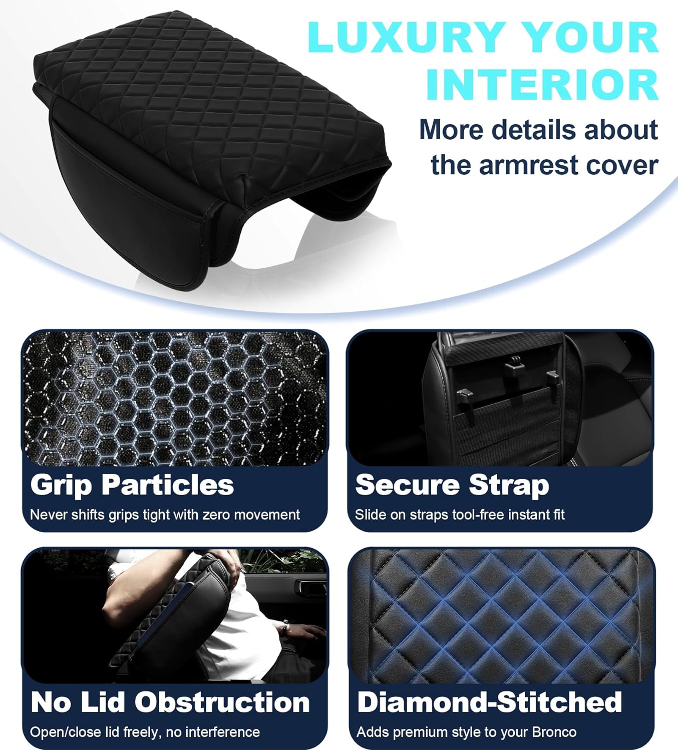 Armrest Cover for Ford Bronco 2021-2025 Center Console Pad with Organizer Storage Pockets, Black Faux Leather Arm Rest Lid Protector Cushion Interior Accessories 2/4 Door (for Bronco)