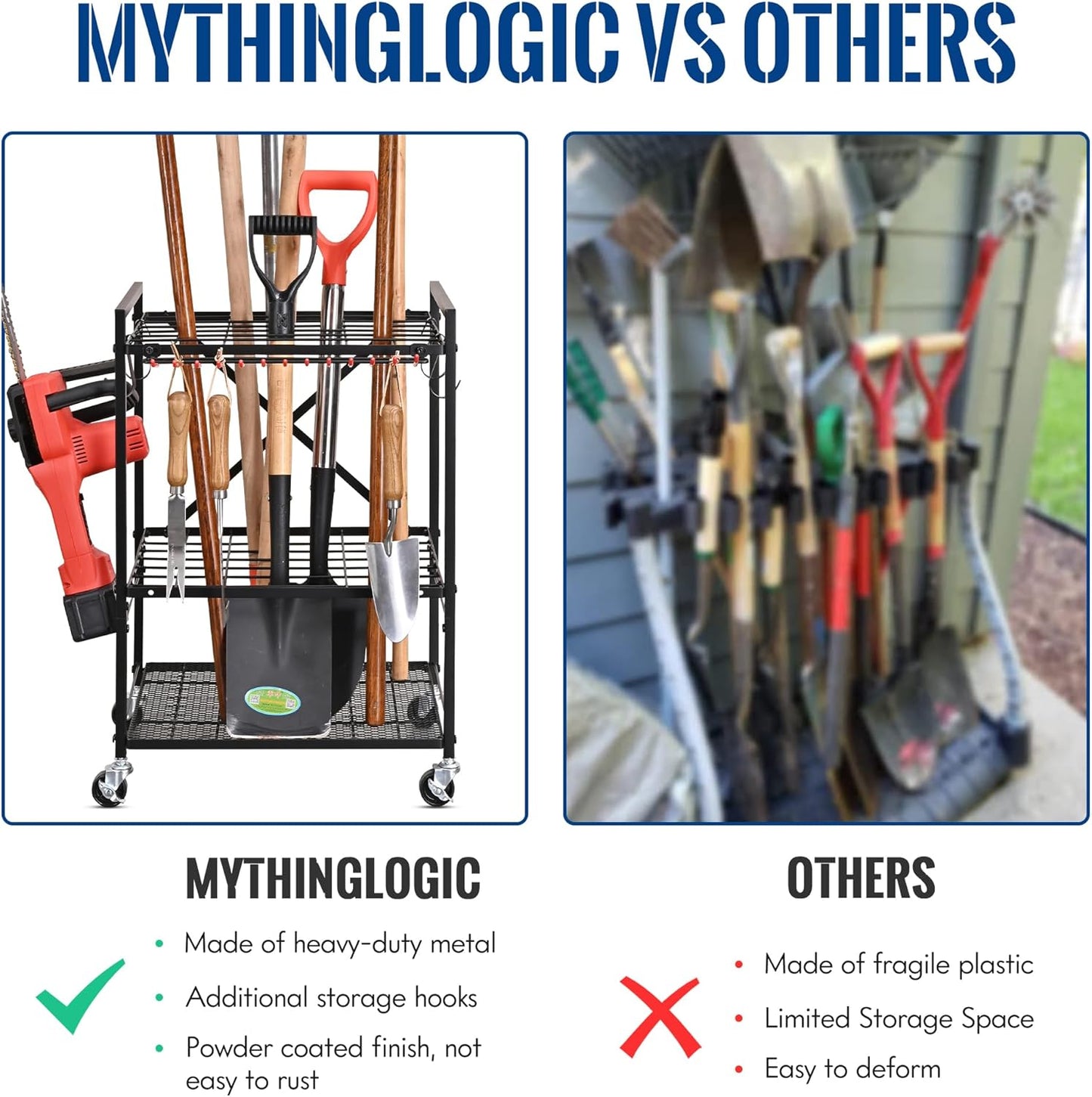 Mythinglogic Garden Tool Organizer for Garage, Yard Tool Rack with Wheels, Garage Organizers and Storage Holder for Yard Tools (Small Tower)