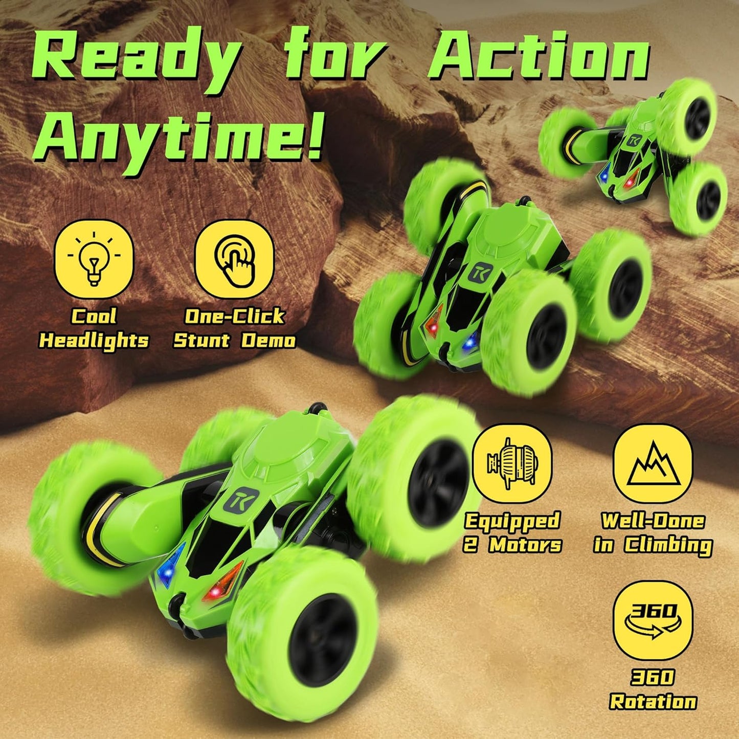 Threeking RC Stunt Cars Remote Control Car Double-Sided Driving 360-degree Flips Rotating Car Toy, Green